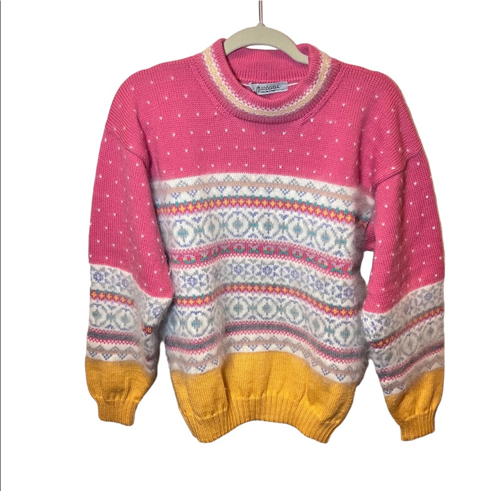 Vintage Marceau Wool Angora Fair‎ Isle Sweater Fuzzy Pink Mustard Cottagecore